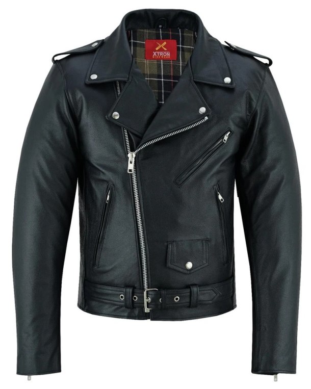 Men's Genuine Cowhide Leather Brando Biker Jacket Black Motorcycle Riding Coat